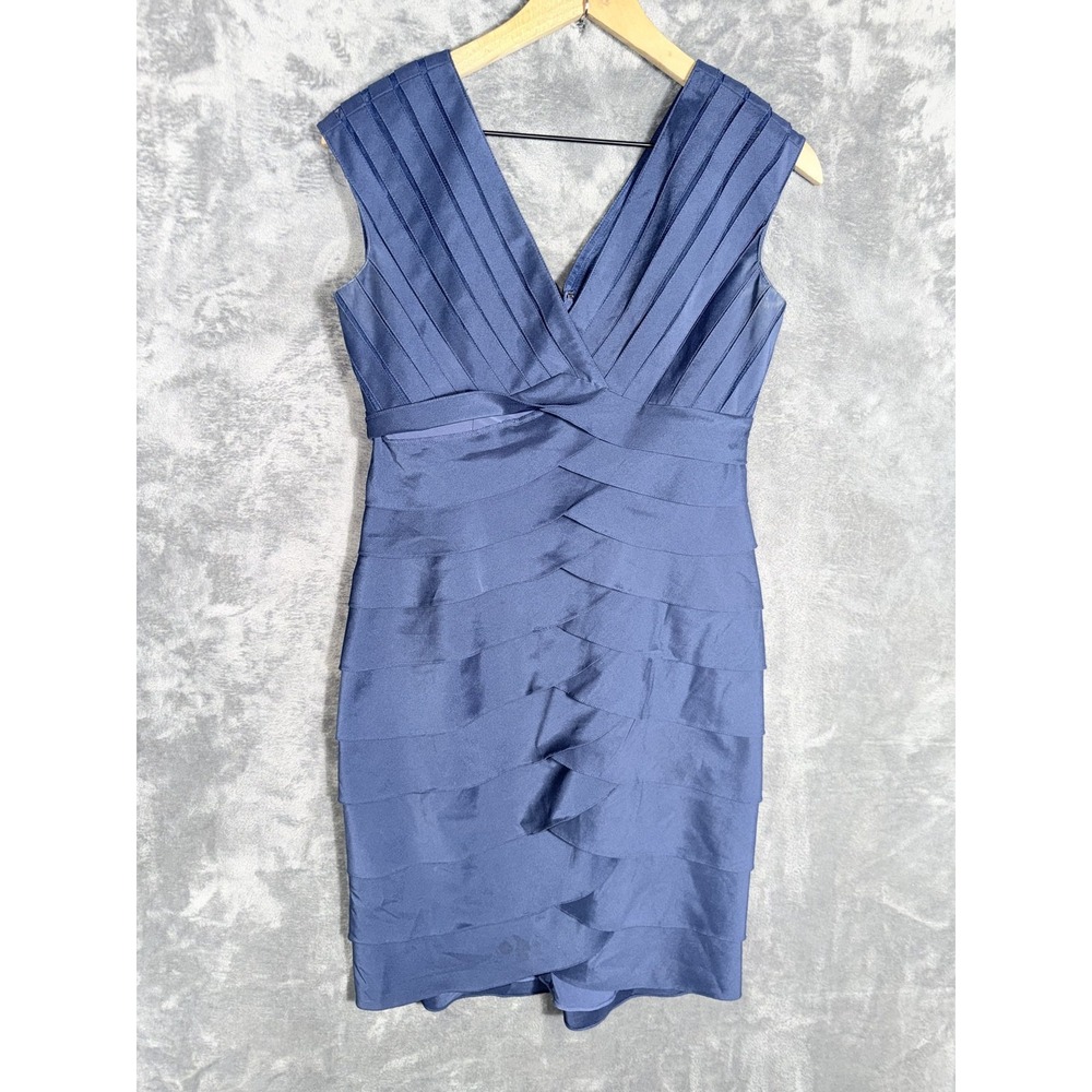 Adrianna Papell Womens Dress 8P Petite Navy Blue V Neck Sleeveless Tiered